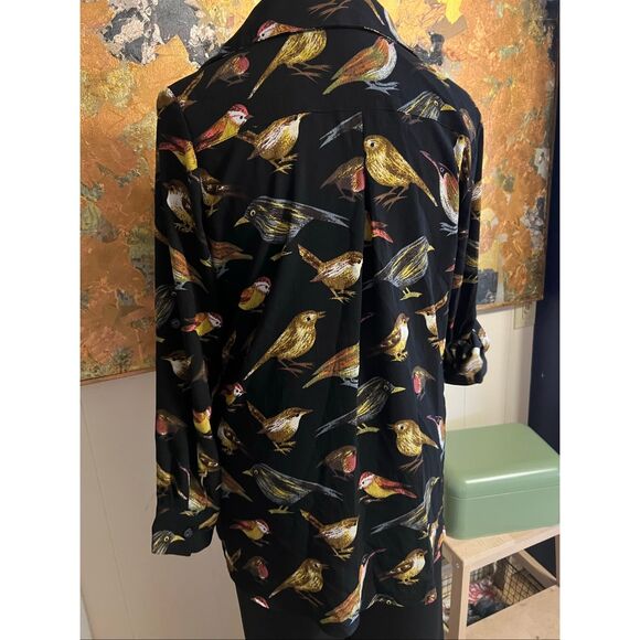 Mishca Gorgeous Bird Print Blouse Adjustable Sleeve Black & Multi M - Picture 3 of 7
